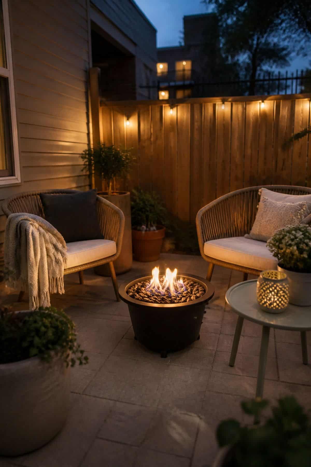 Small outdoor patio idea with use a small fire pit or chiminea for warmth and ambiance