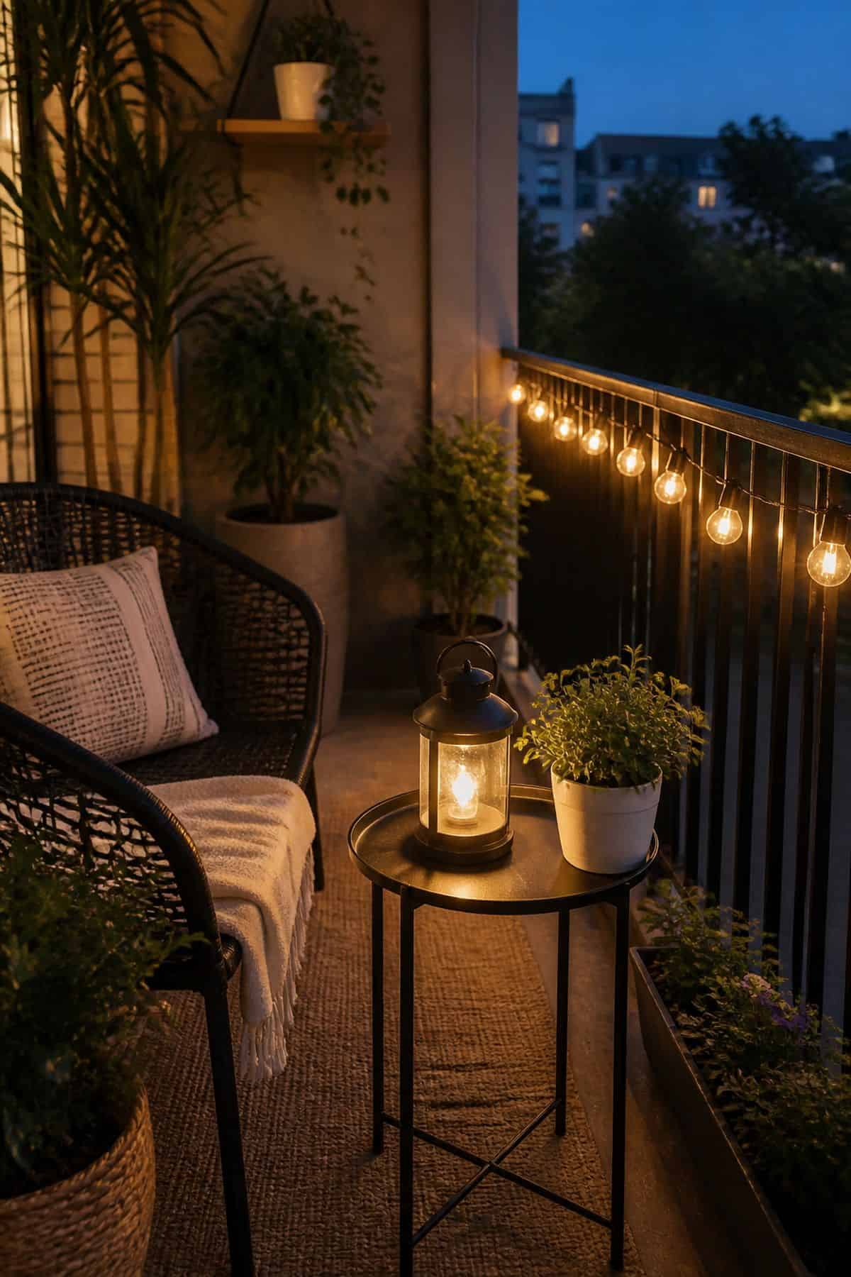 Small outdoor patio idea with install string lights or solar lanterns for soft lighting
