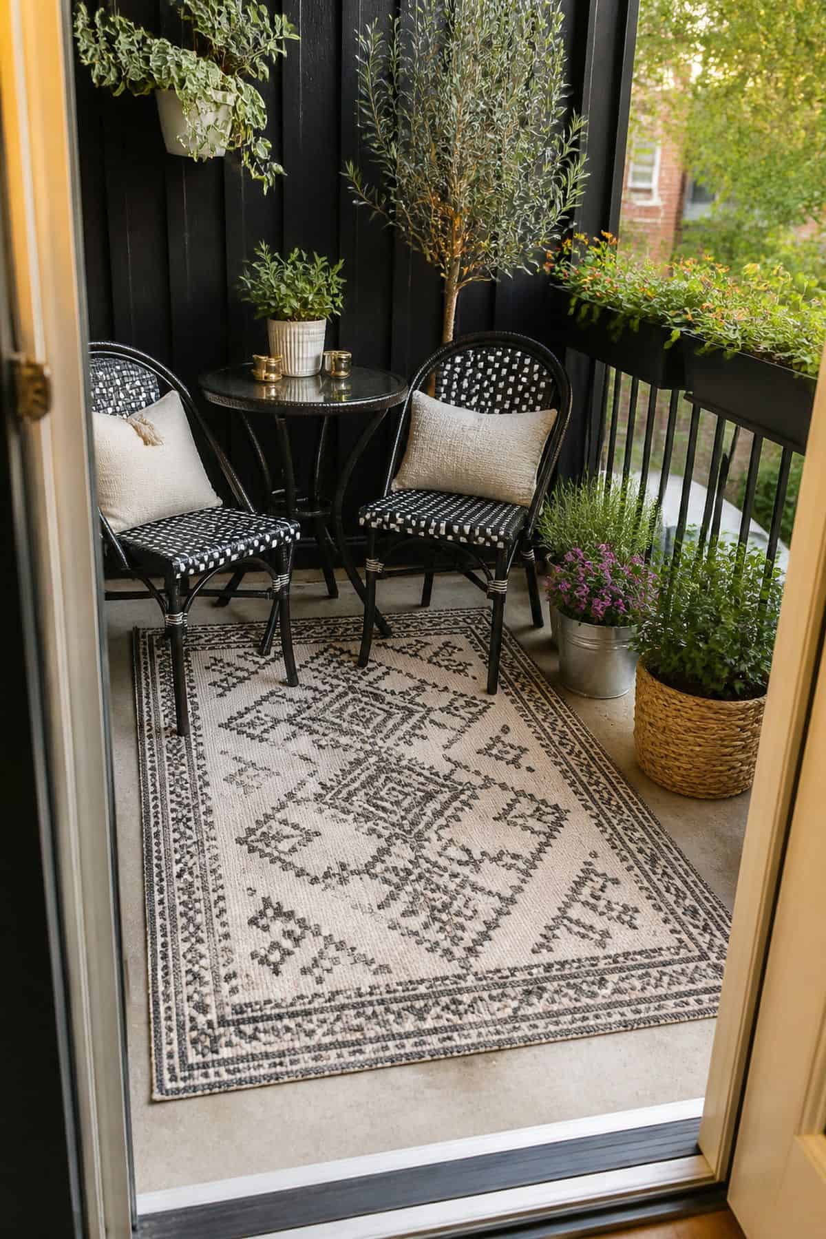 Small outdoor patio idea with add a compact outdoor rug to define your patio area