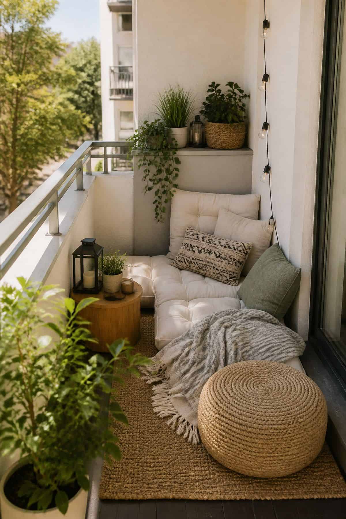 Small outdoor patio idea with create a cozy nook with cushions and poufs