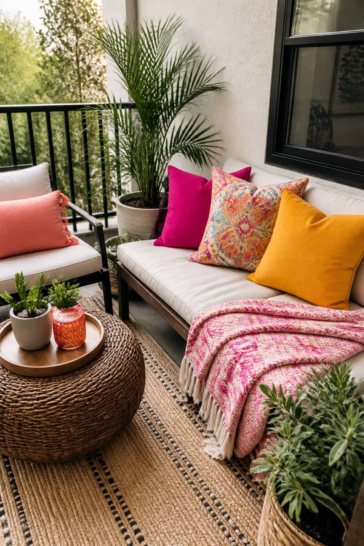 Small outdoor patio idea with use bright cushions and textiles to add color