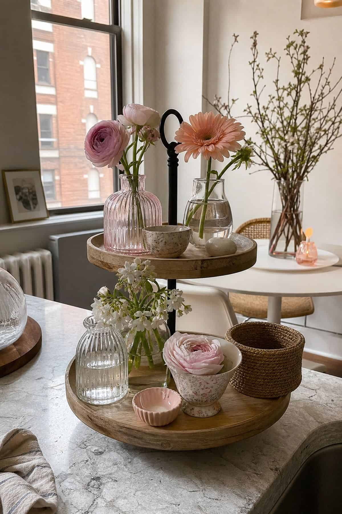 Display Pastel-Colored Flowers in Small Vases styled on a spring tiered tray in a small apartment