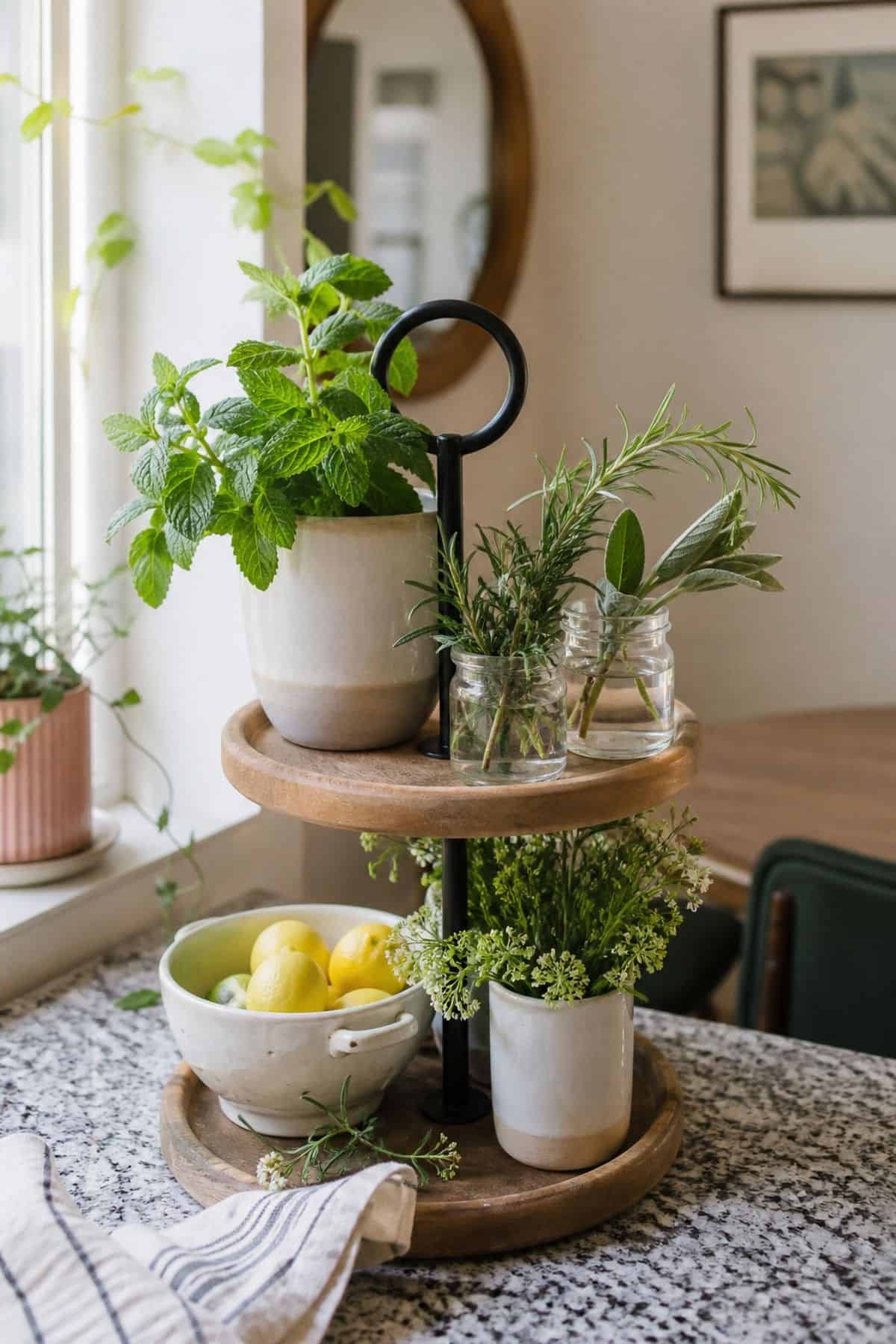 Incorporate Fresh Greenery and Sprigs of Herbs styled on a spring tiered tray in a small apartment