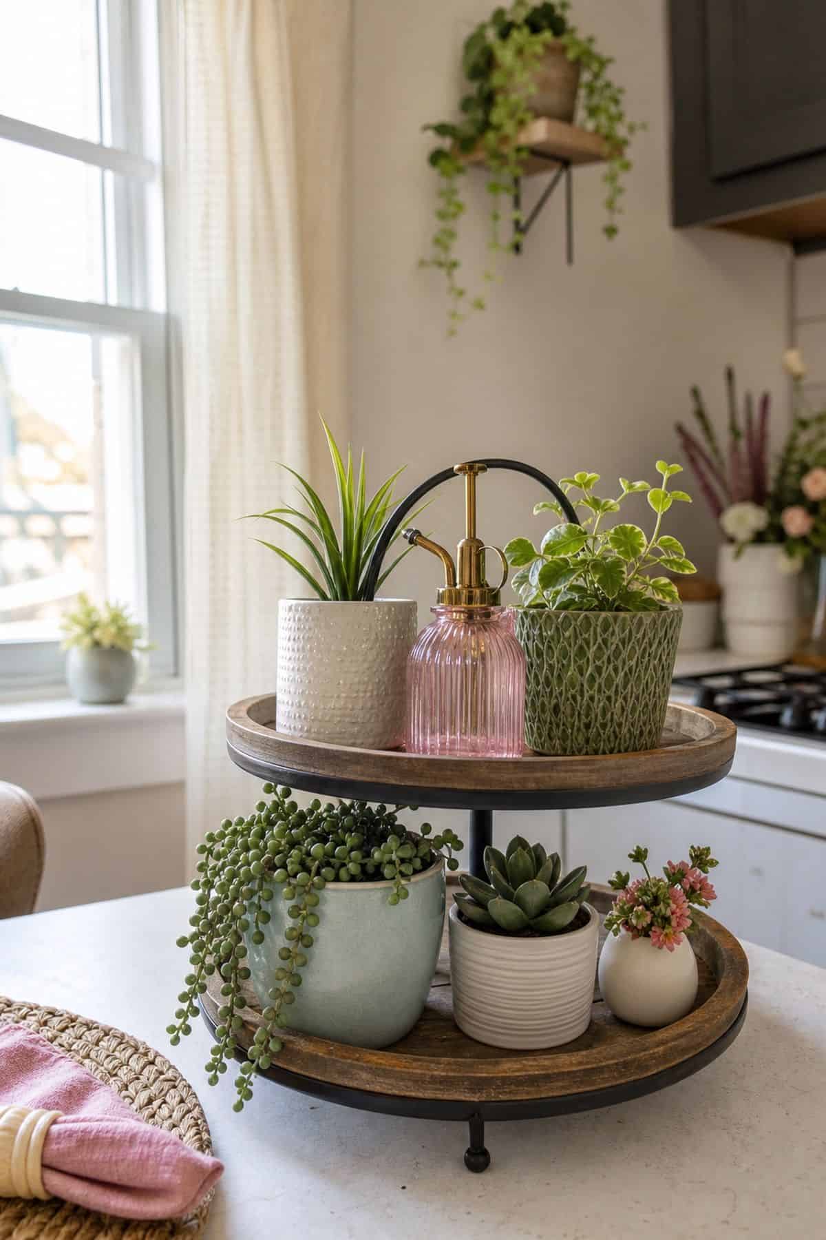 Display Tiny Potted Succulents or Plants styled on a spring tiered tray in a small apartment