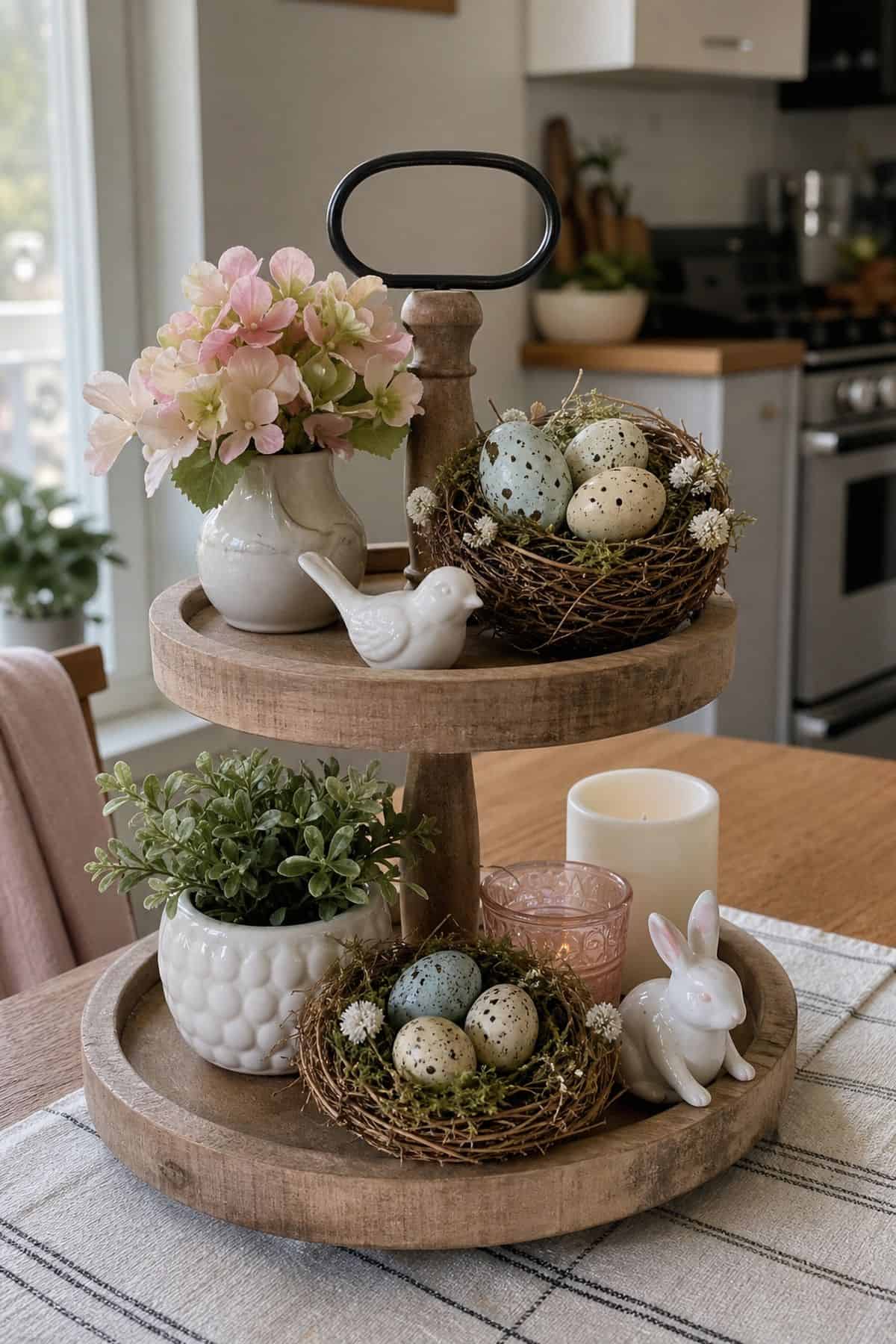 Use Faux Bird Nests With Decorative Eggs styled on a spring tiered tray in a small apartment