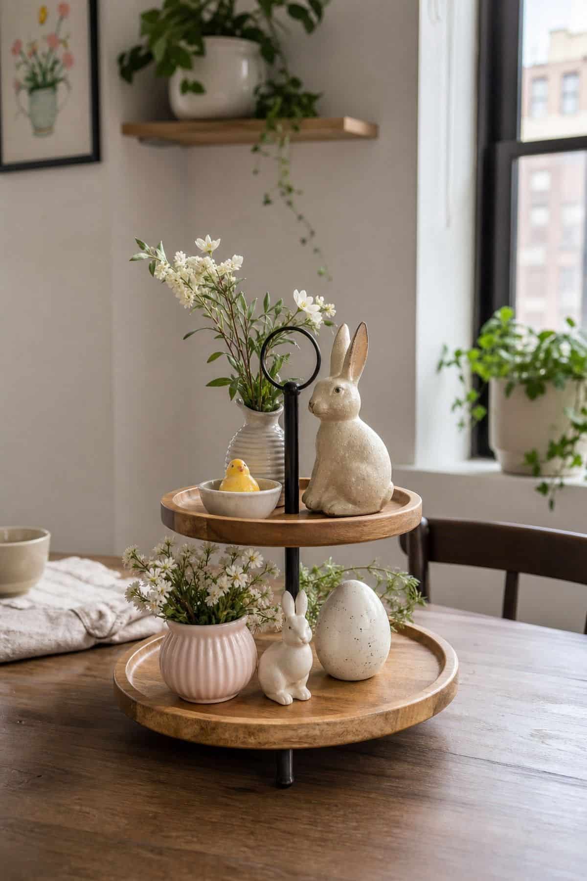 Include Small Easter-Themed Figurines Like Bunnies or Chicks styled on a spring tiered tray in a small apartment