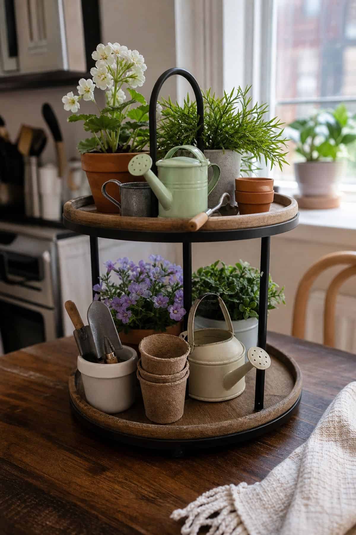 Arrange Miniature Watering Cans and Gardening Tools styled on a spring tiered tray in a small apartment