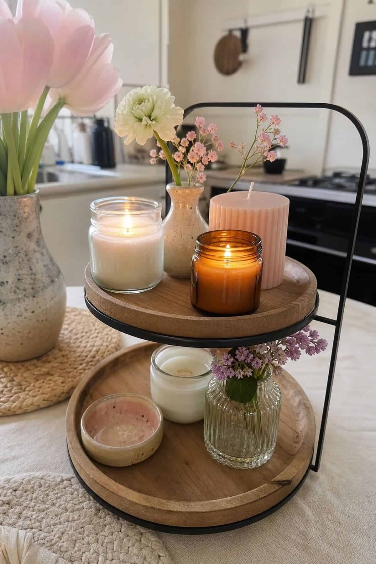 Place Scented Candles With Light Floral Fragrances styled on a spring tiered tray in a small apartment