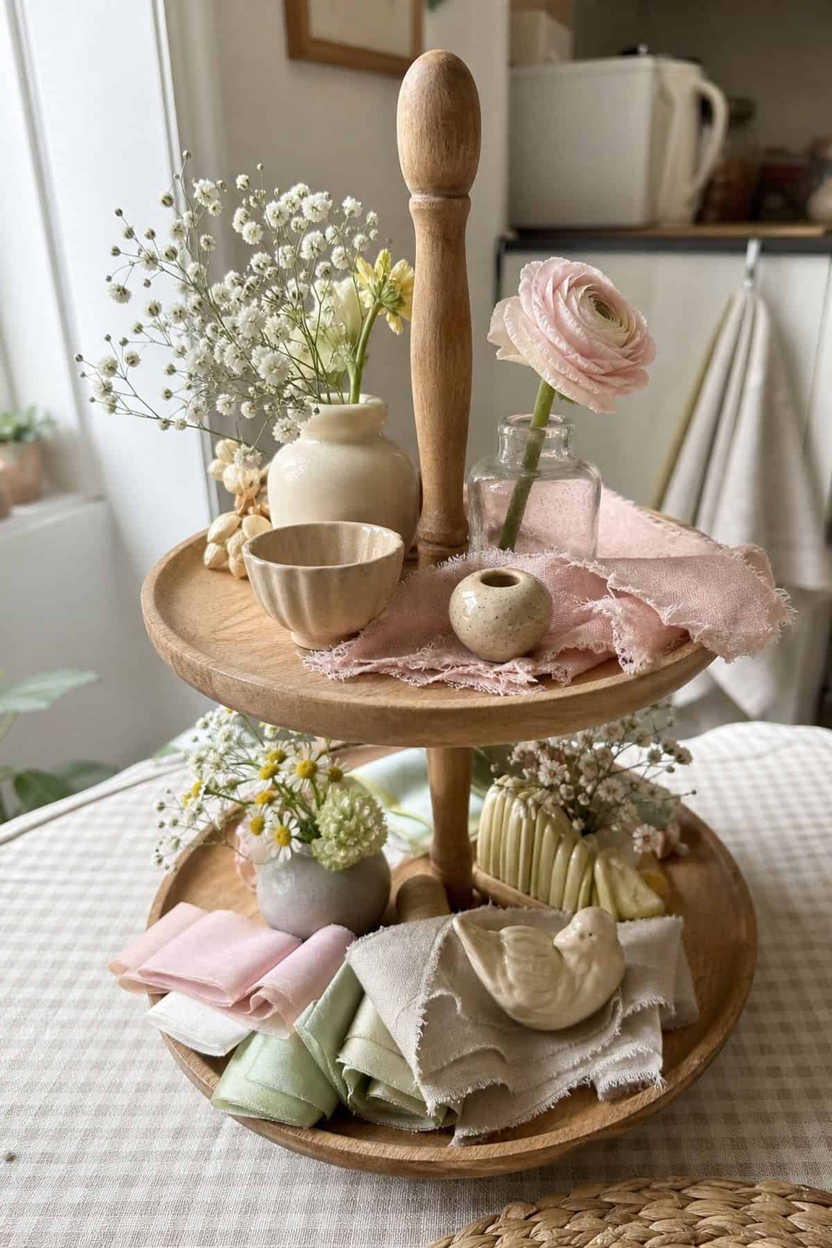 Use Pastel Ribbons or Fabric as a Base Layer styled on a spring tiered tray in a small apartment