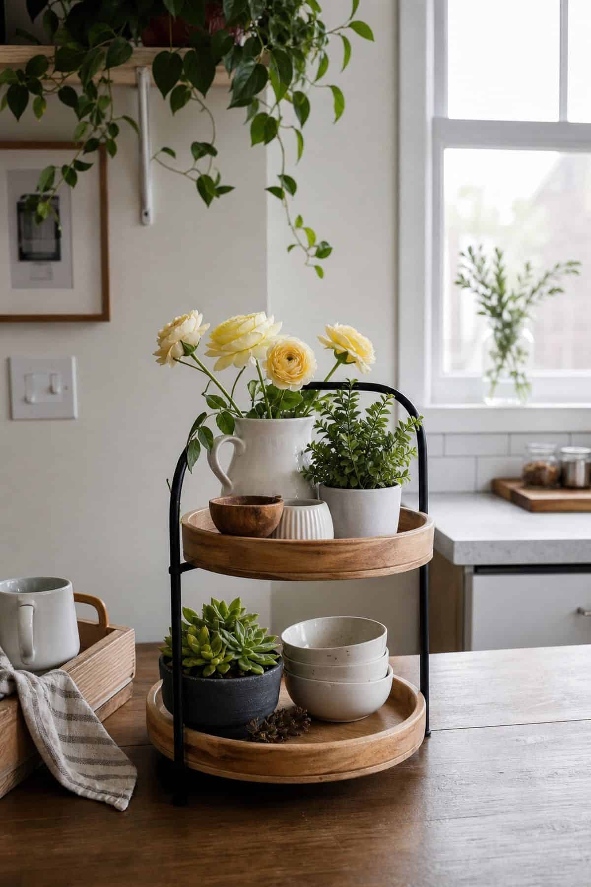 Incorporate Light Wooden Crates or Trays for a Natural Touch styled on a spring tiered tray in a small apartment