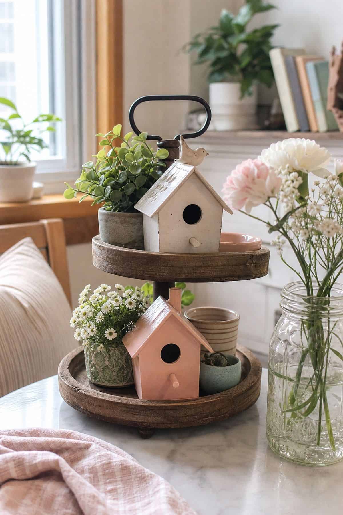 Use Decorative Birdhouses as Focal Points styled on a spring tiered tray in a small apartment