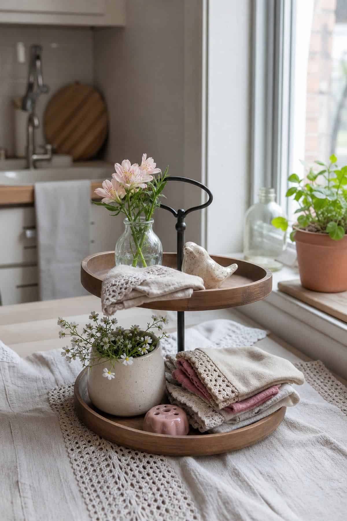 Incorporate Soft Linens or Lace for a Delicate Feel styled on a spring tiered tray in a small apartment