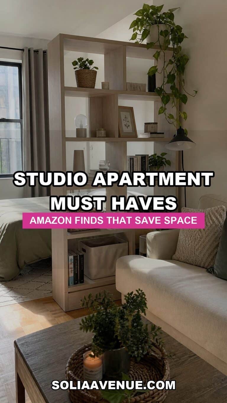 Pinterest pin for studio apartment must-haves from Amazon