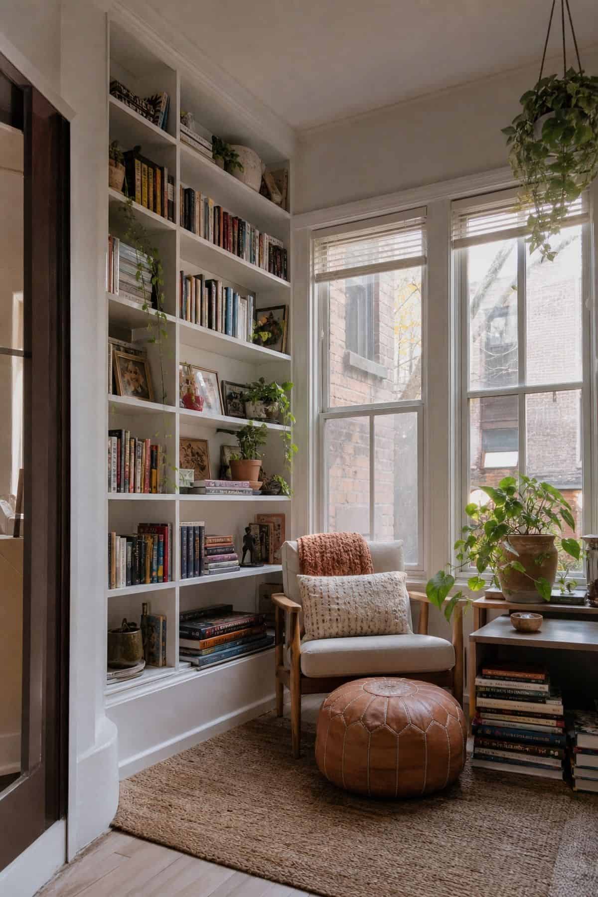 A Tall Built-In White Bookshelf Along One Wall sunroom library idea