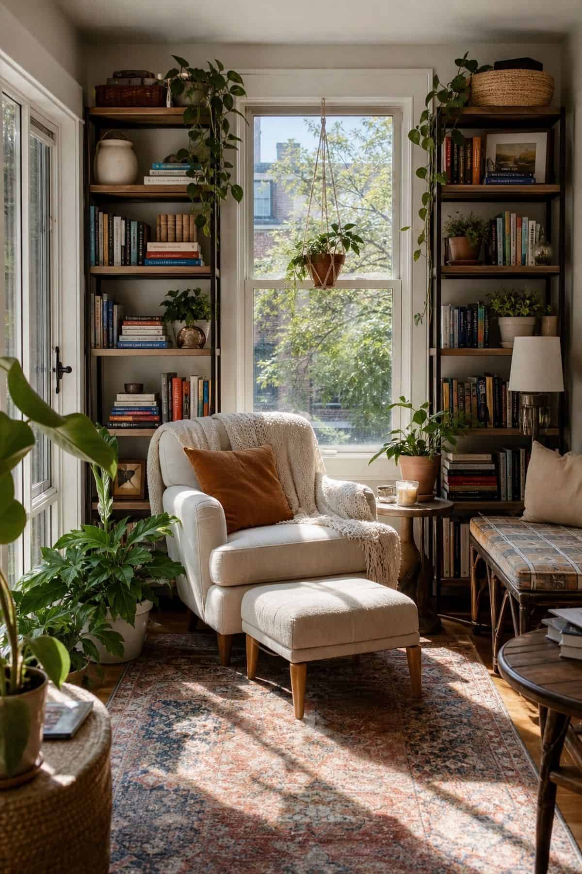 A Pair of Free-Standing Bookcases Flanking a Window sunroom library idea
