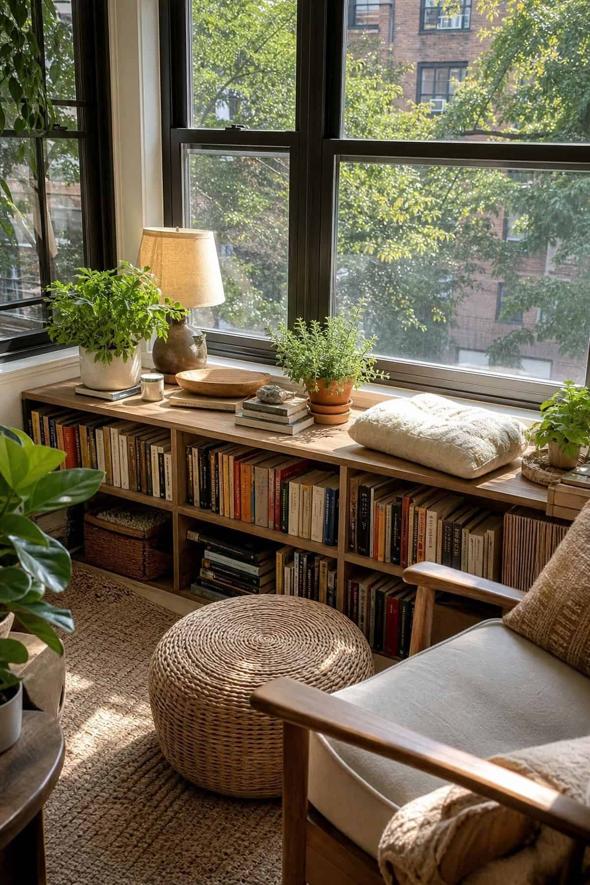 A Low Console With Book Storage Below sunroom library idea