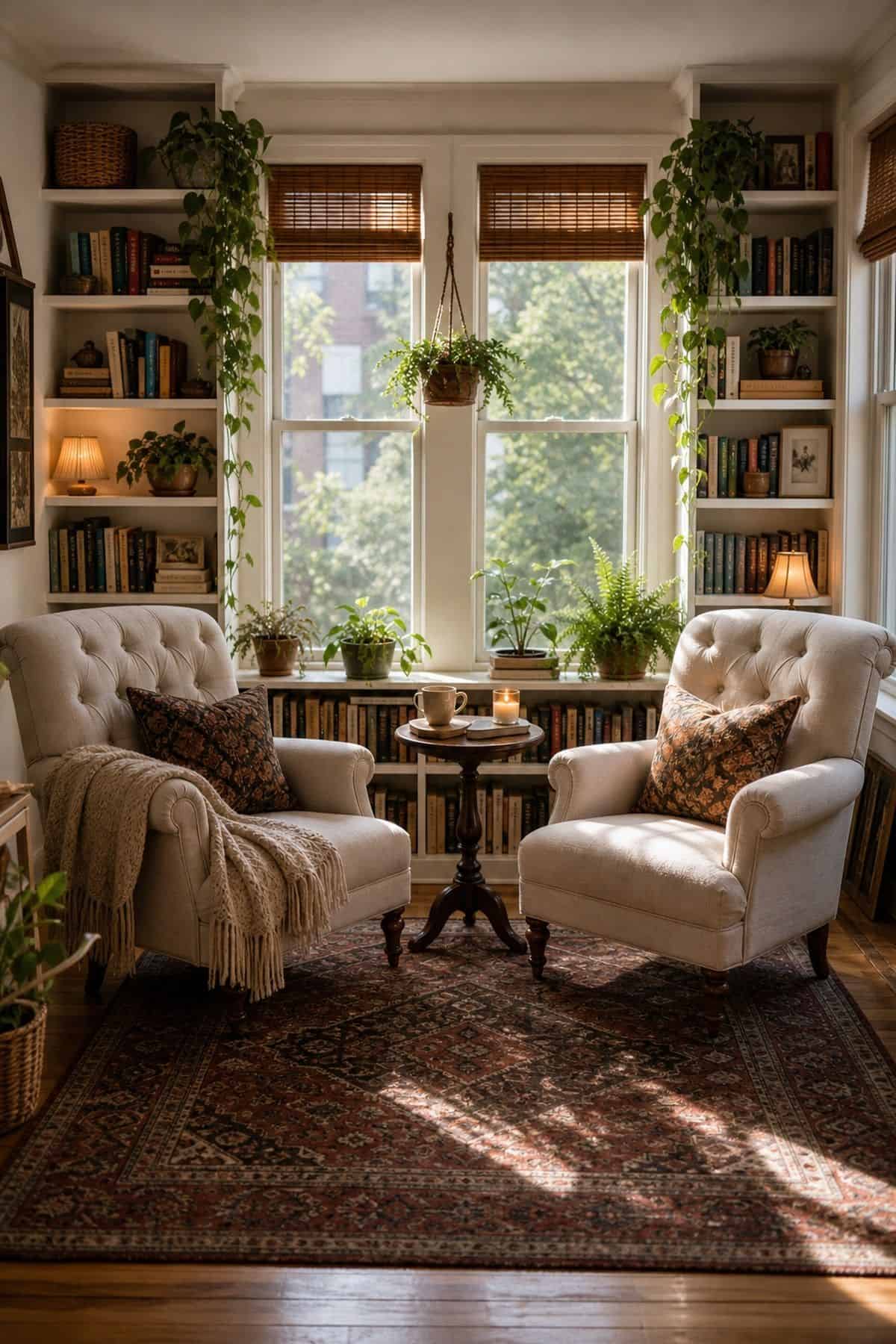 A Pair of Tufted Armchairs Facing Each Other sunroom library idea