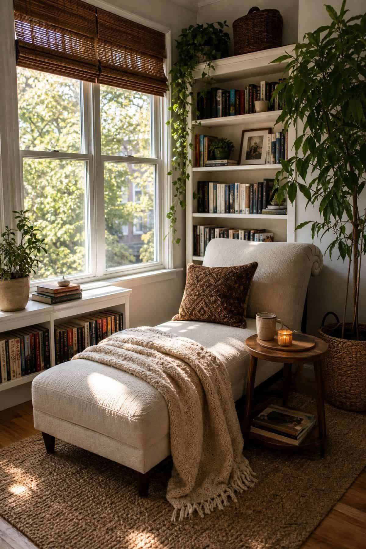 A Reading Chaise Lounge Near the Window sunroom library idea