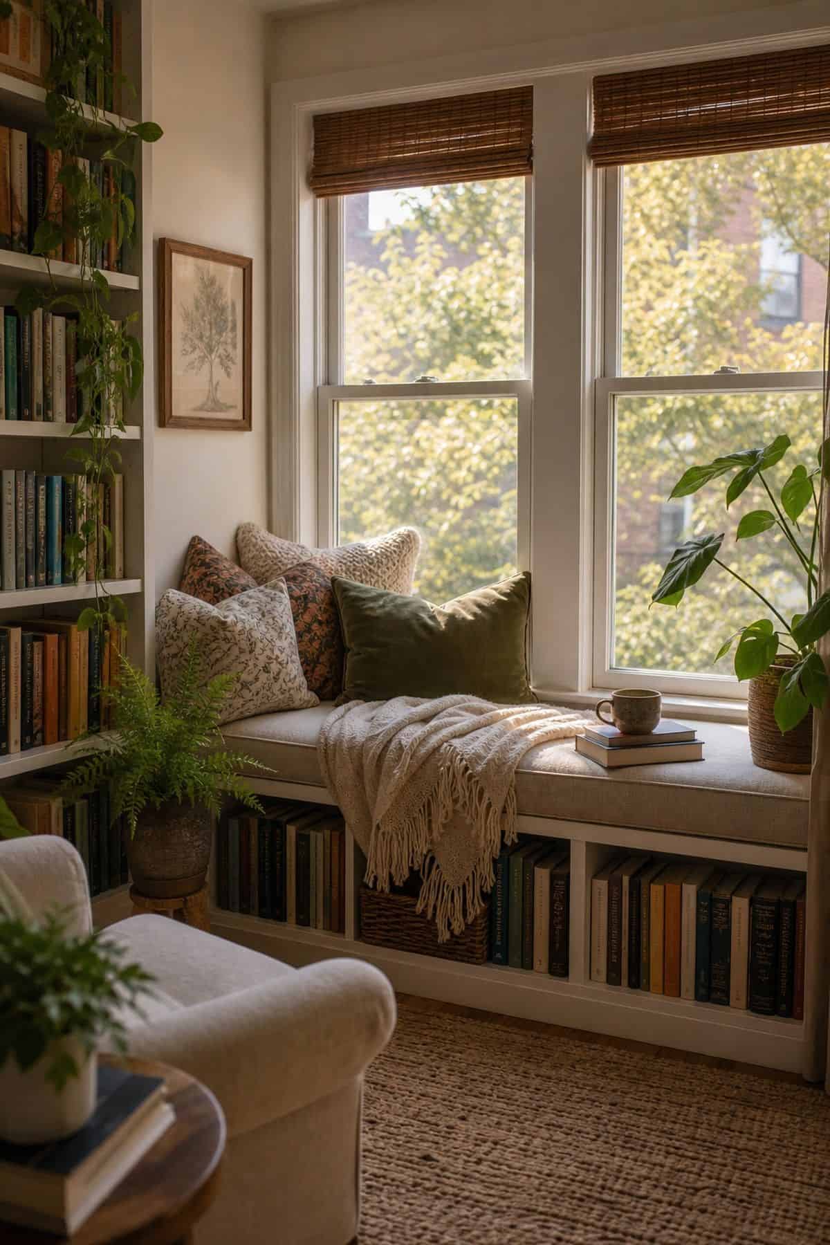 A Window Seat With Cushions for Cozy Reading sunroom library idea