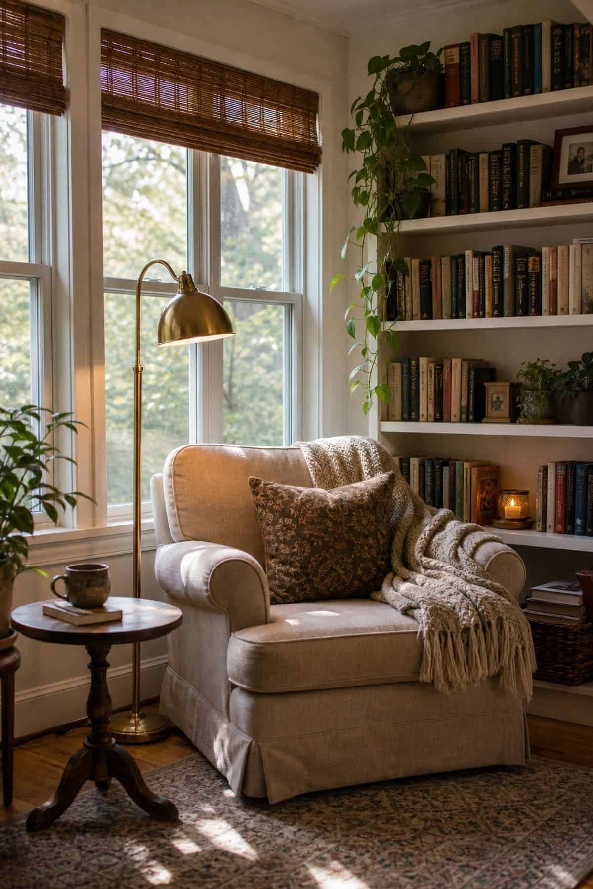 A Brass Floor Lamp Beside the Reading Chair sunroom library idea