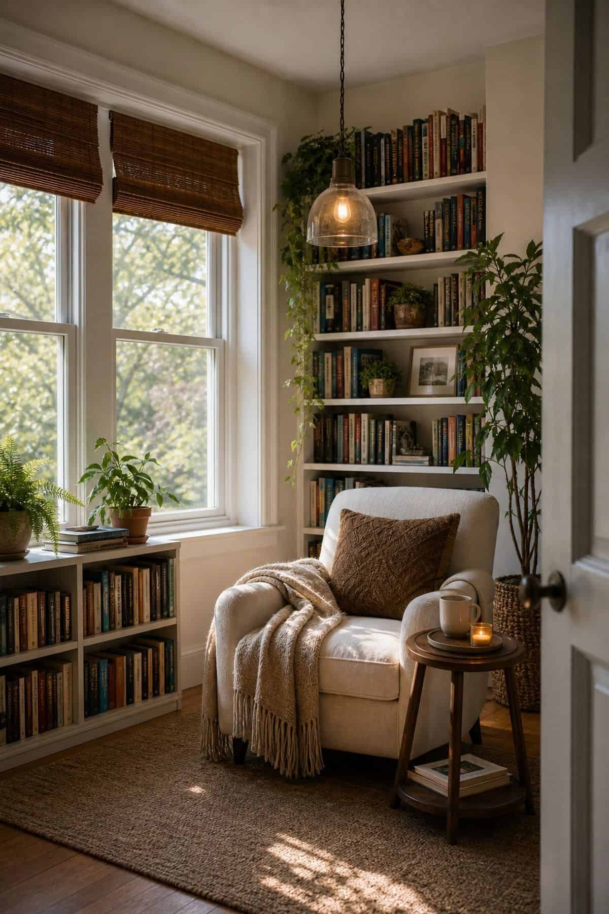 A Single Pendant Light Centered Over the Reading Area sunroom library idea