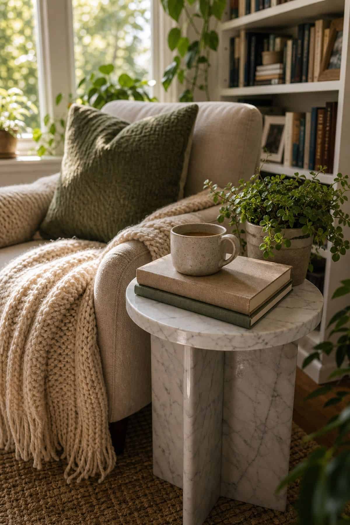 A Small Marble Side Table Next to the Chair sunroom library idea