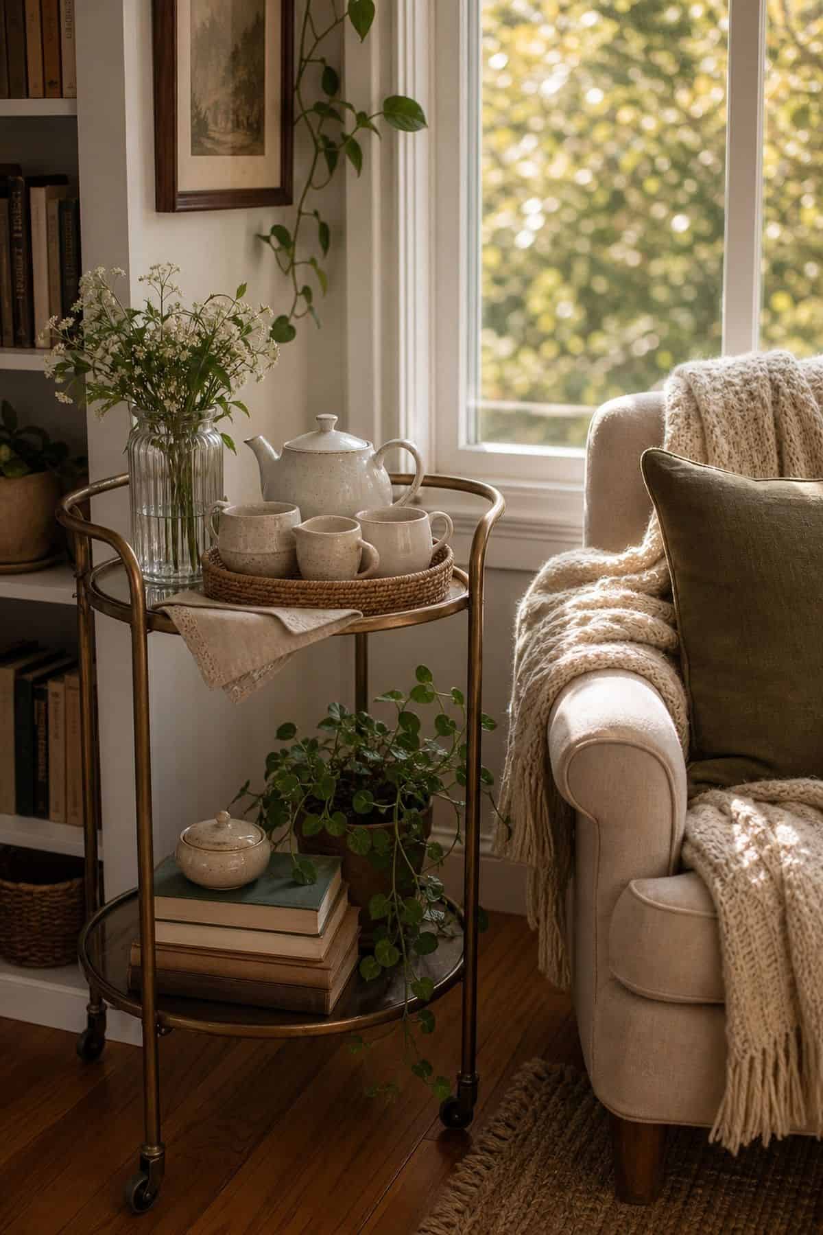 A Small Bar Cart Styled With Tea Service sunroom library idea