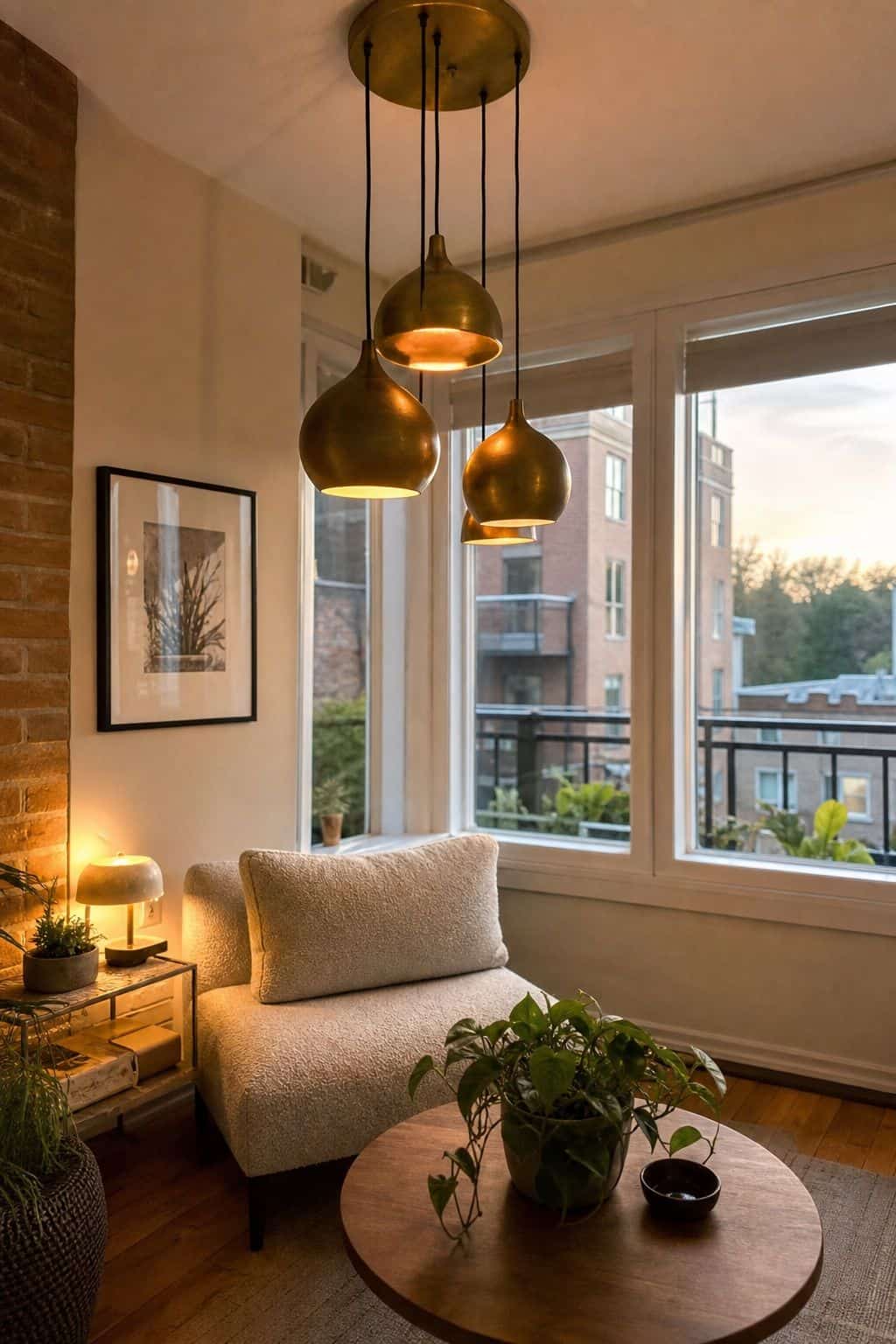 A Brass Cluster Pendant Light Over the Seating in a cozy small apartment sunroom