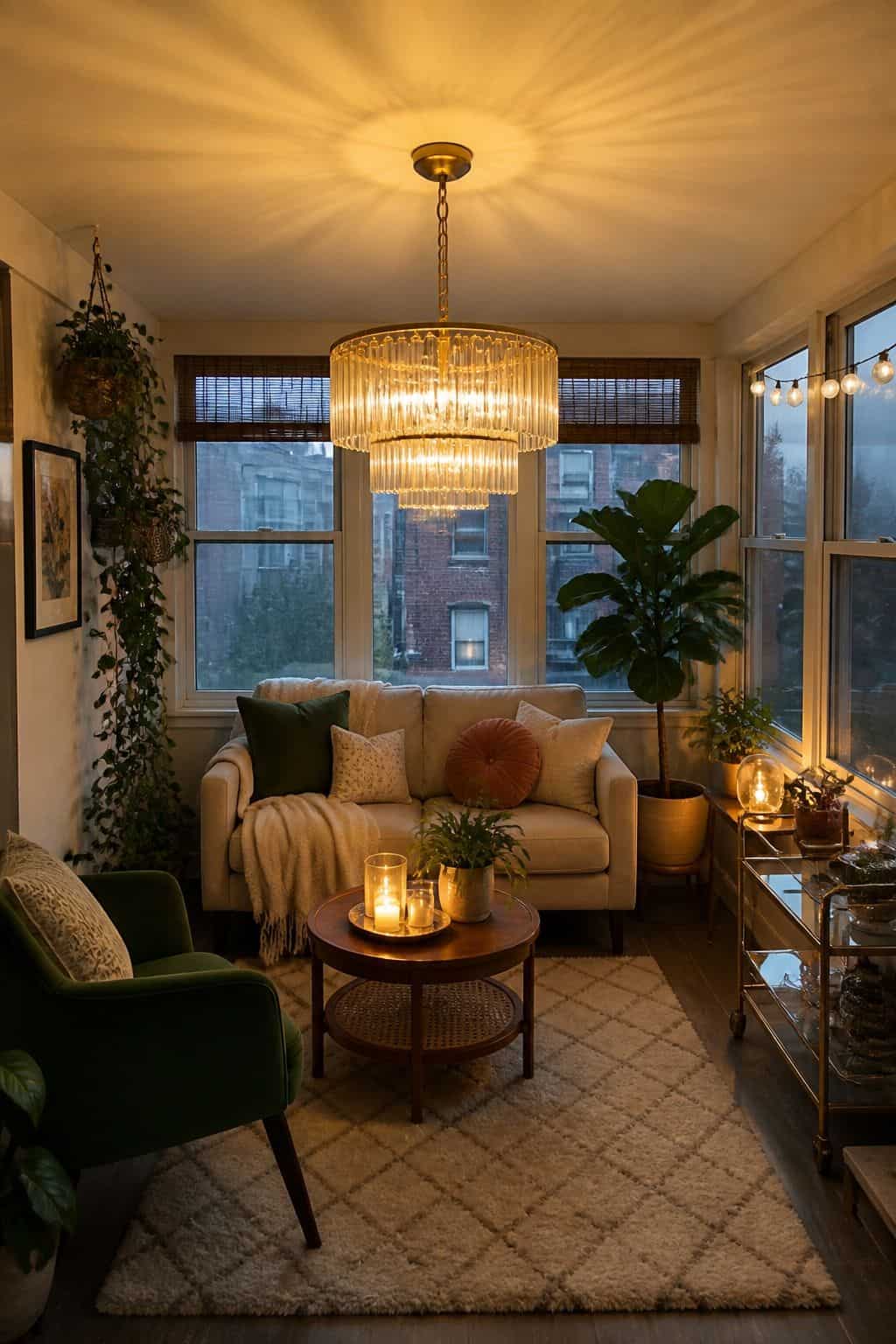 A Single Statement Chandelier for Drama in a cozy small apartment sunroom
