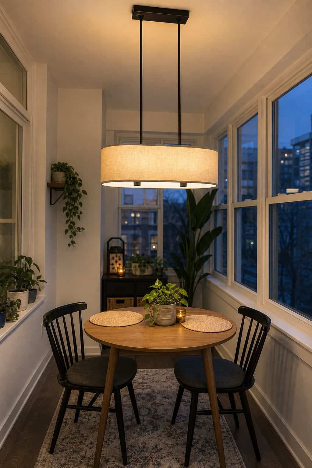 A Linear Drum Pendant Above a Dining Table in a cozy small apartment sunroom