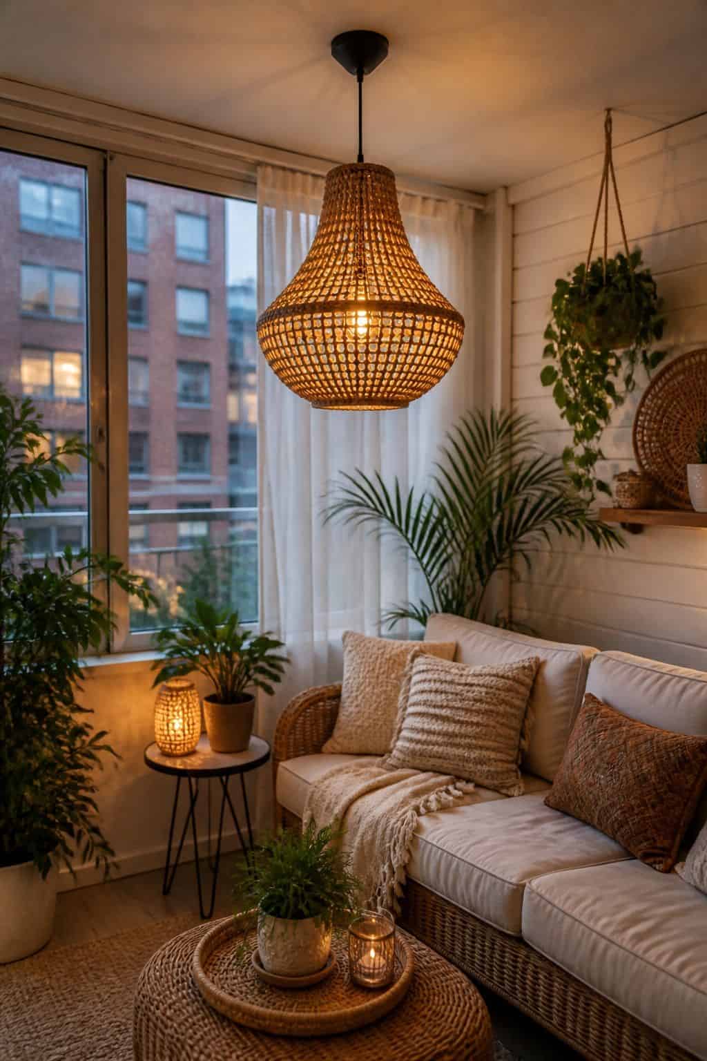 A Beaded or Rattan Pendant for Boho Sunrooms in a cozy small apartment sunroom