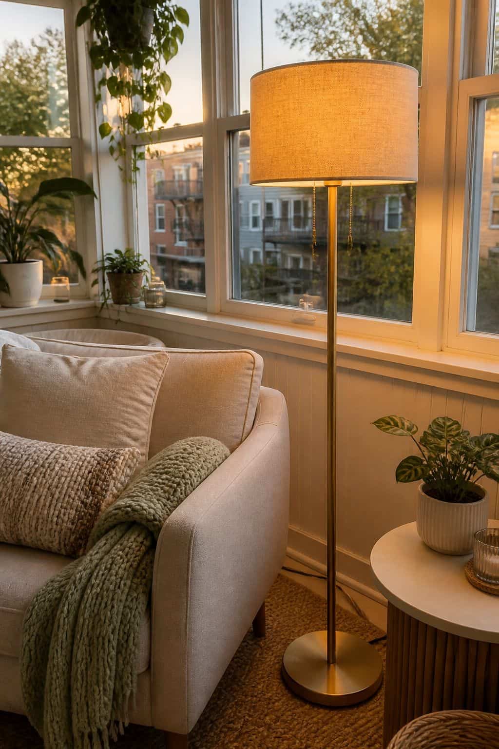 A Tall Brass Floor Lamp With Linen Shade in a cozy small apartment sunroom
