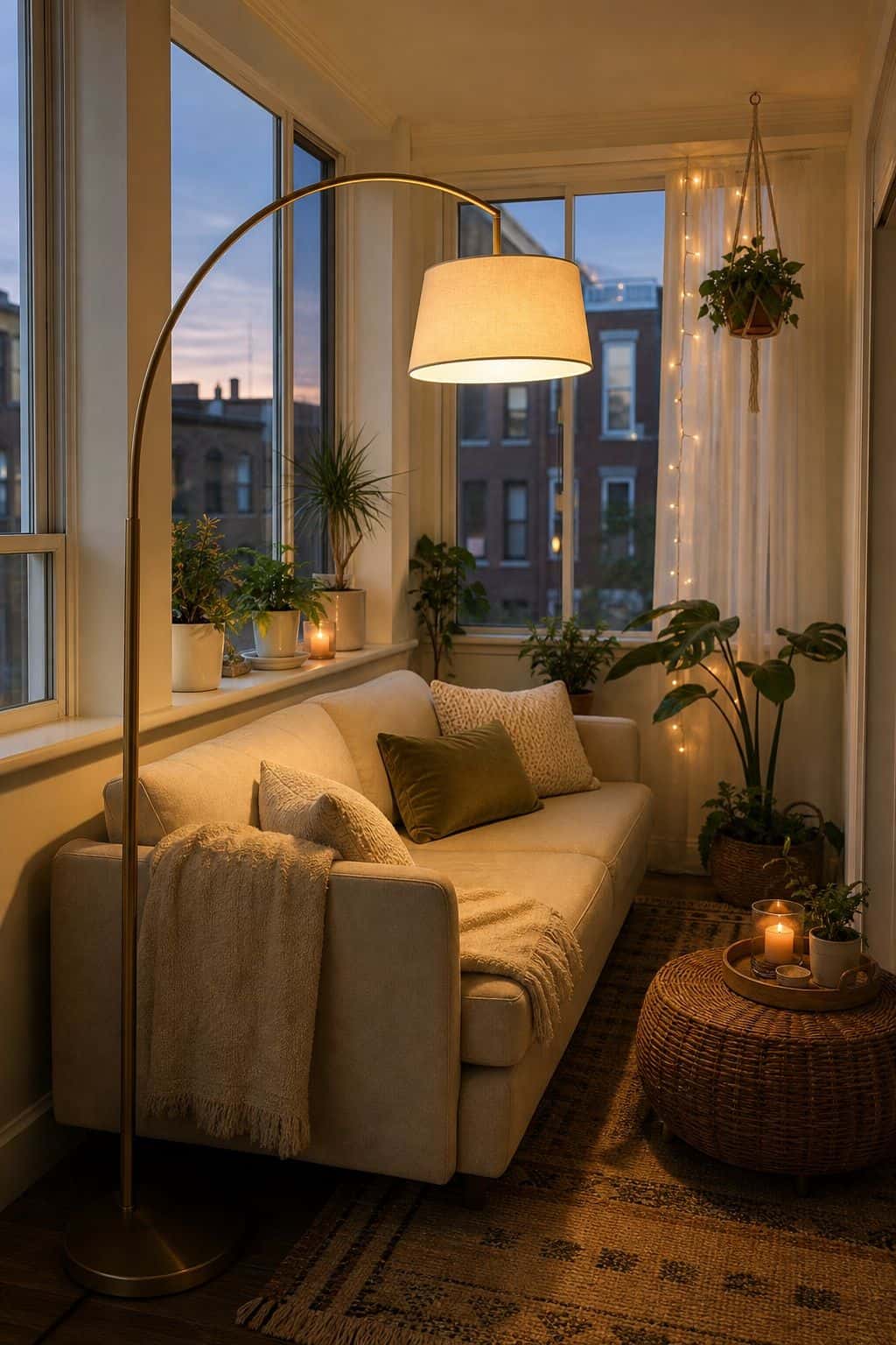 An Arched Floor Lamp Over the Sofa in a cozy small apartment sunroom