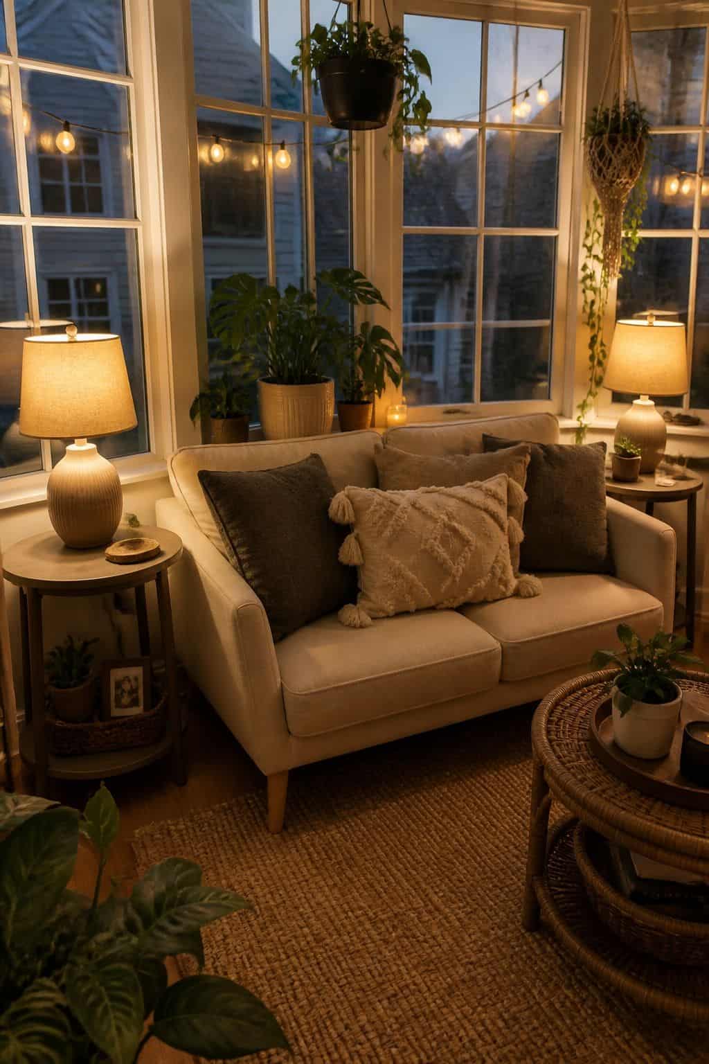 A Pair of Matching Table Lamps on End Tables in a cozy small apartment sunroom