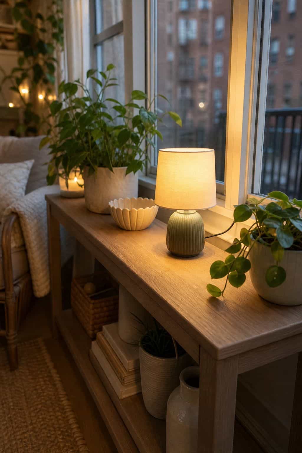 A Small Table Lamp on the Console in a cozy small apartment sunroom
