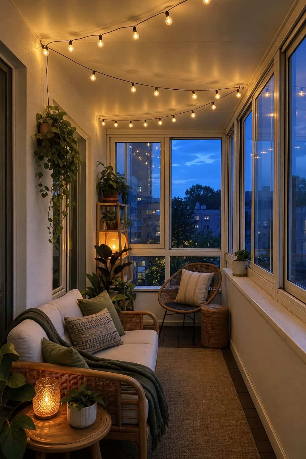 Warm White Globe String Lights Across the Ceiling in a cozy small apartment sunroom