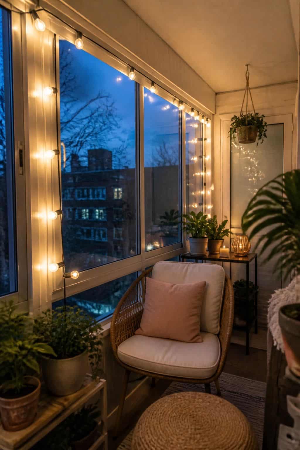Cafe Bistro Lights Along the Window Frame in a cozy small apartment sunroom