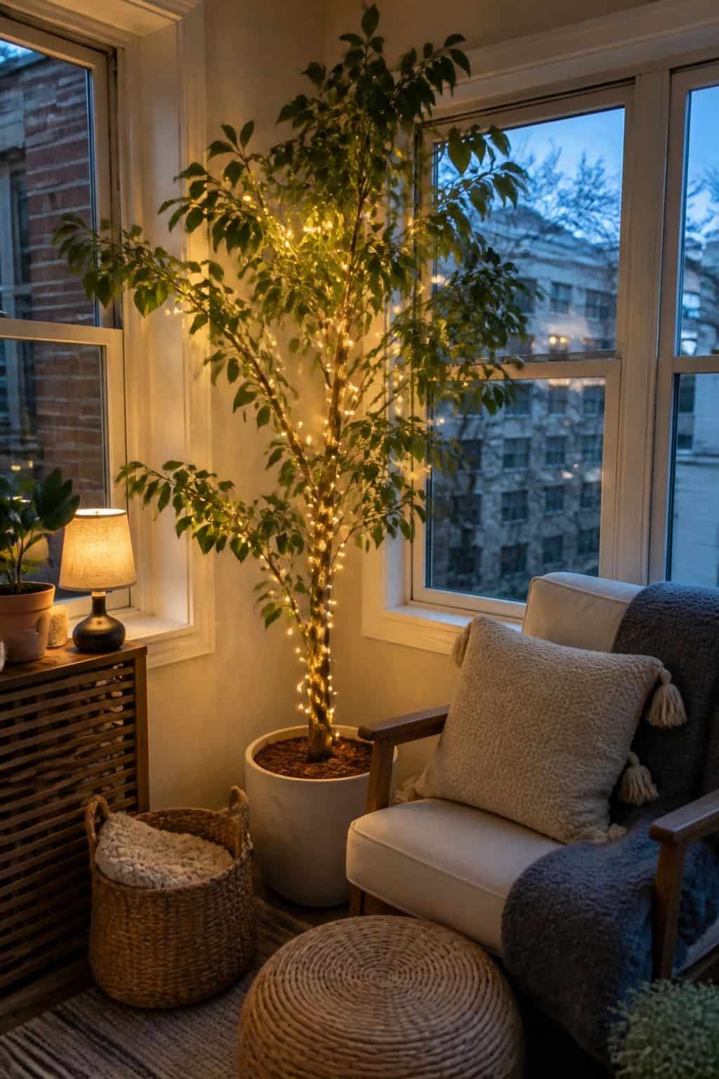 Fairy Lights Wrapped Around a Floor Plant in a cozy small apartment sunroom