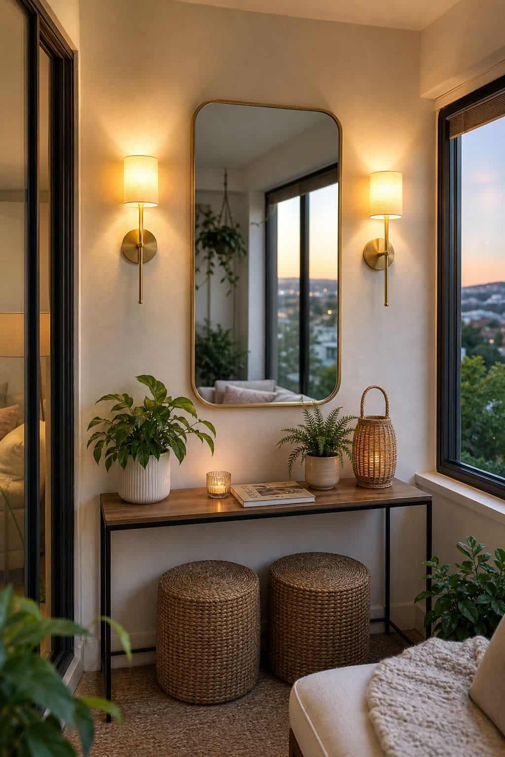 A Pair of Wall Sconces Flanking a Mirror in a cozy small apartment sunroom