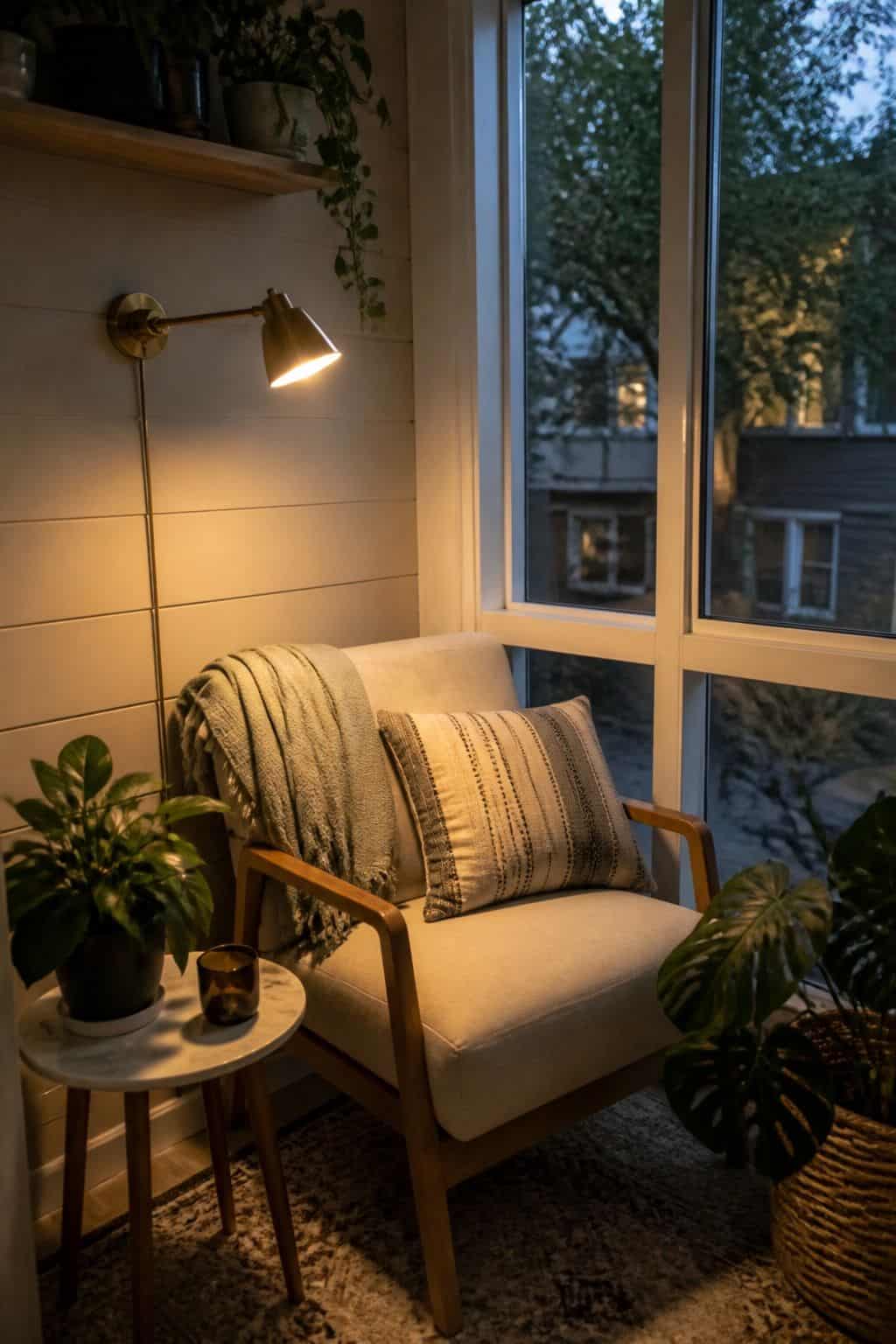 A Reading Sconce Above the Reading Chair in a cozy small apartment sunroom