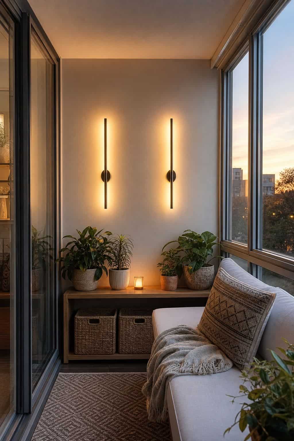 A Pair of Modern Linear Wall Lights in a cozy small apartment sunroom