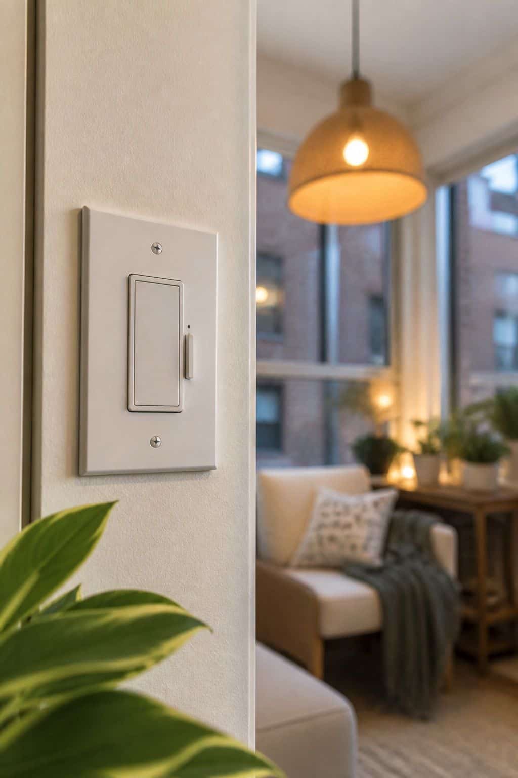 A Smart Dimmer Switch for Every Overhead Fixture in a cozy small apartment sunroom