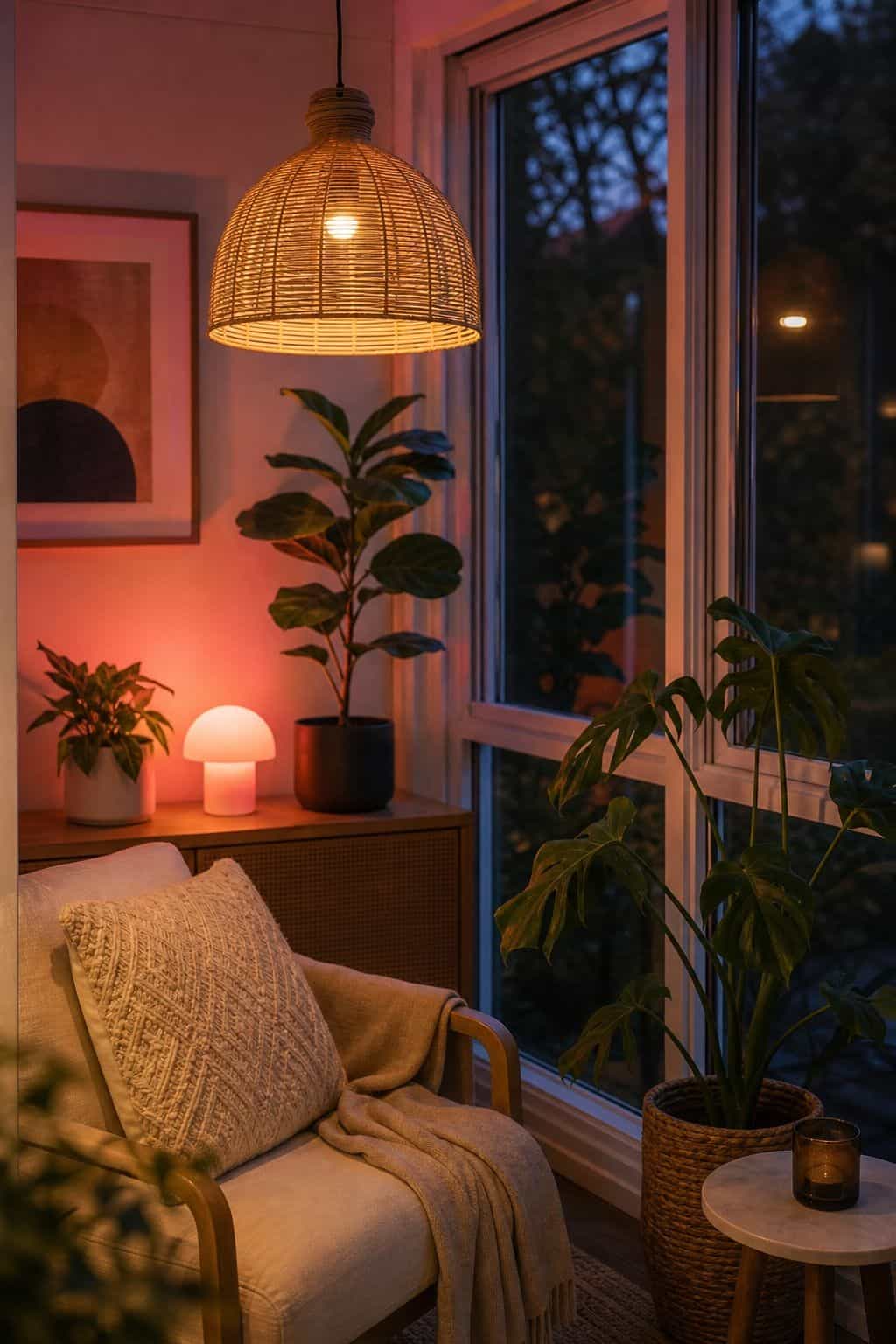 Smart Bulbs for Color and Brightness Control in a cozy small apartment sunroom