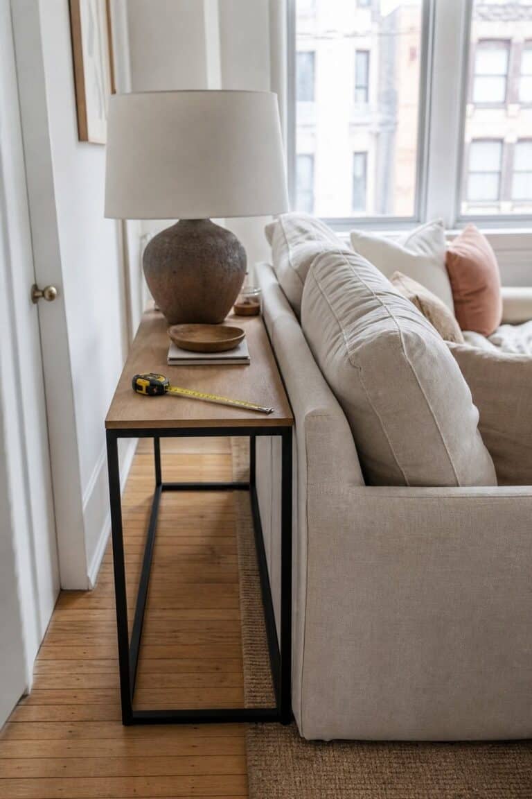 Pick the right sofa table dimensions behind couch table decor idea in a small apartment