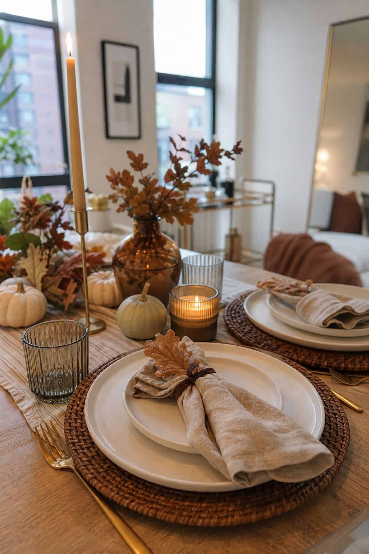 Thanksgiving table decor idea with start with a wooden or rattan charger