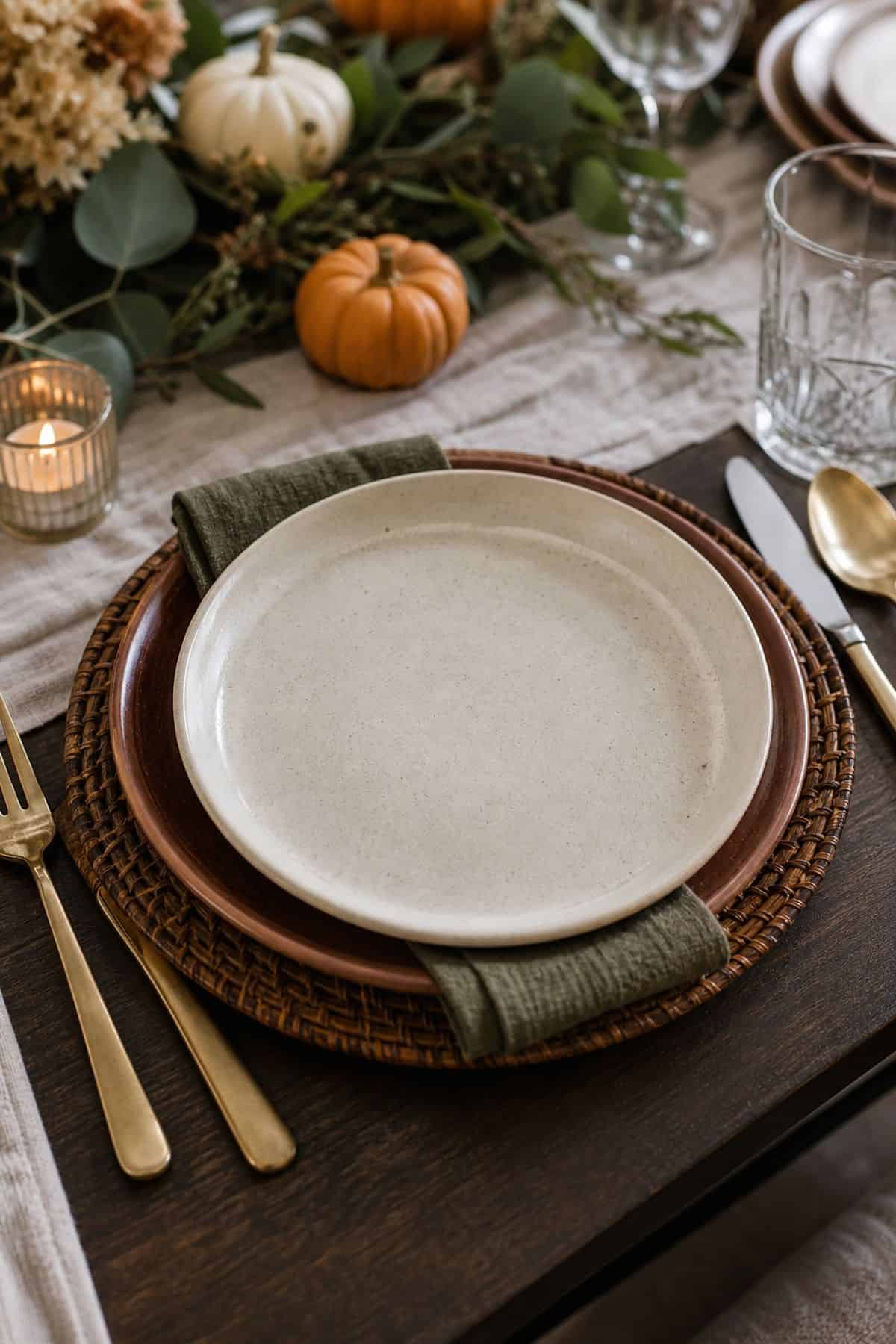 Thanksgiving table decor idea with add a cream or stone dinner plate
