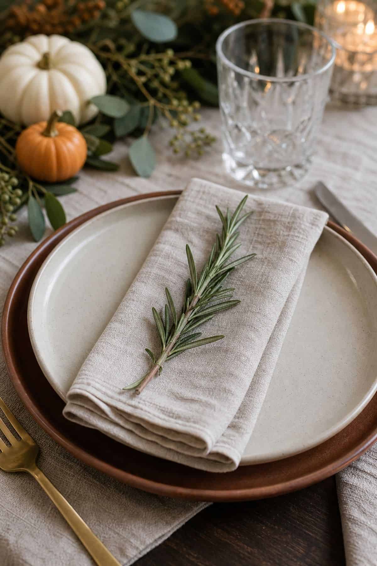 Thanksgiving table decor idea with fold linen napkins with a tucked sprig