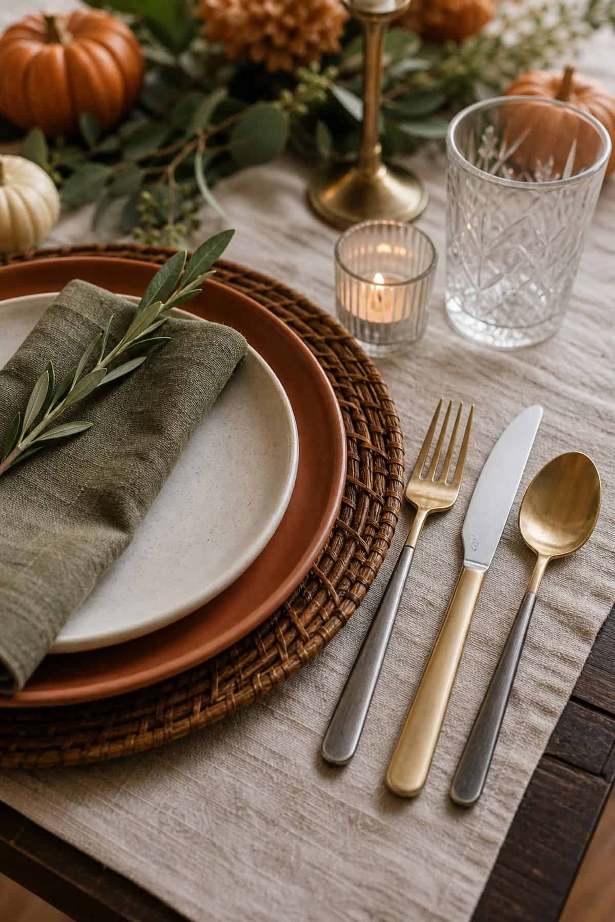 Thanksgiving table decor idea with set out mixed-metal flatware