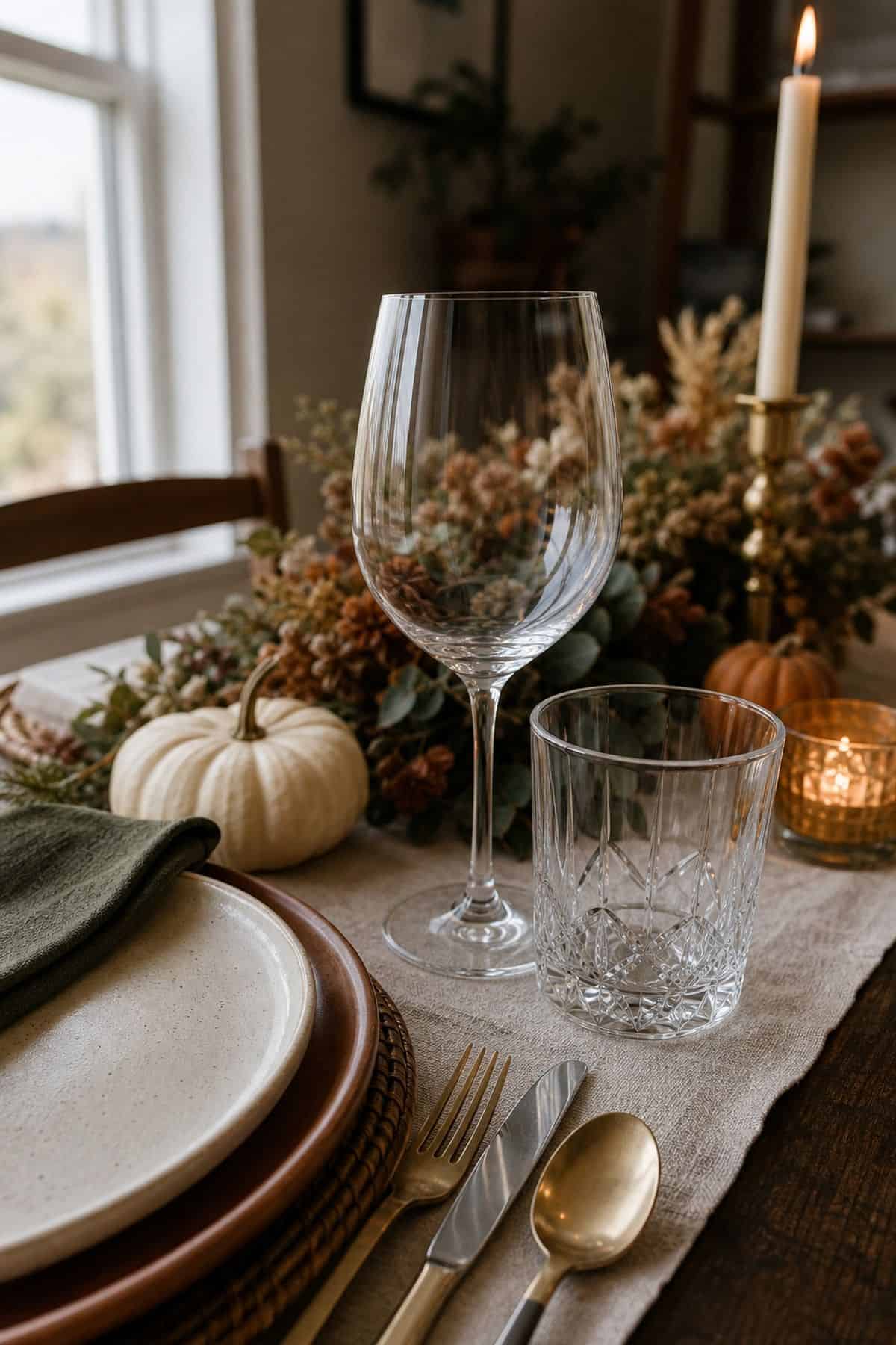 Thanksgiving table decor idea with add two glasses per person