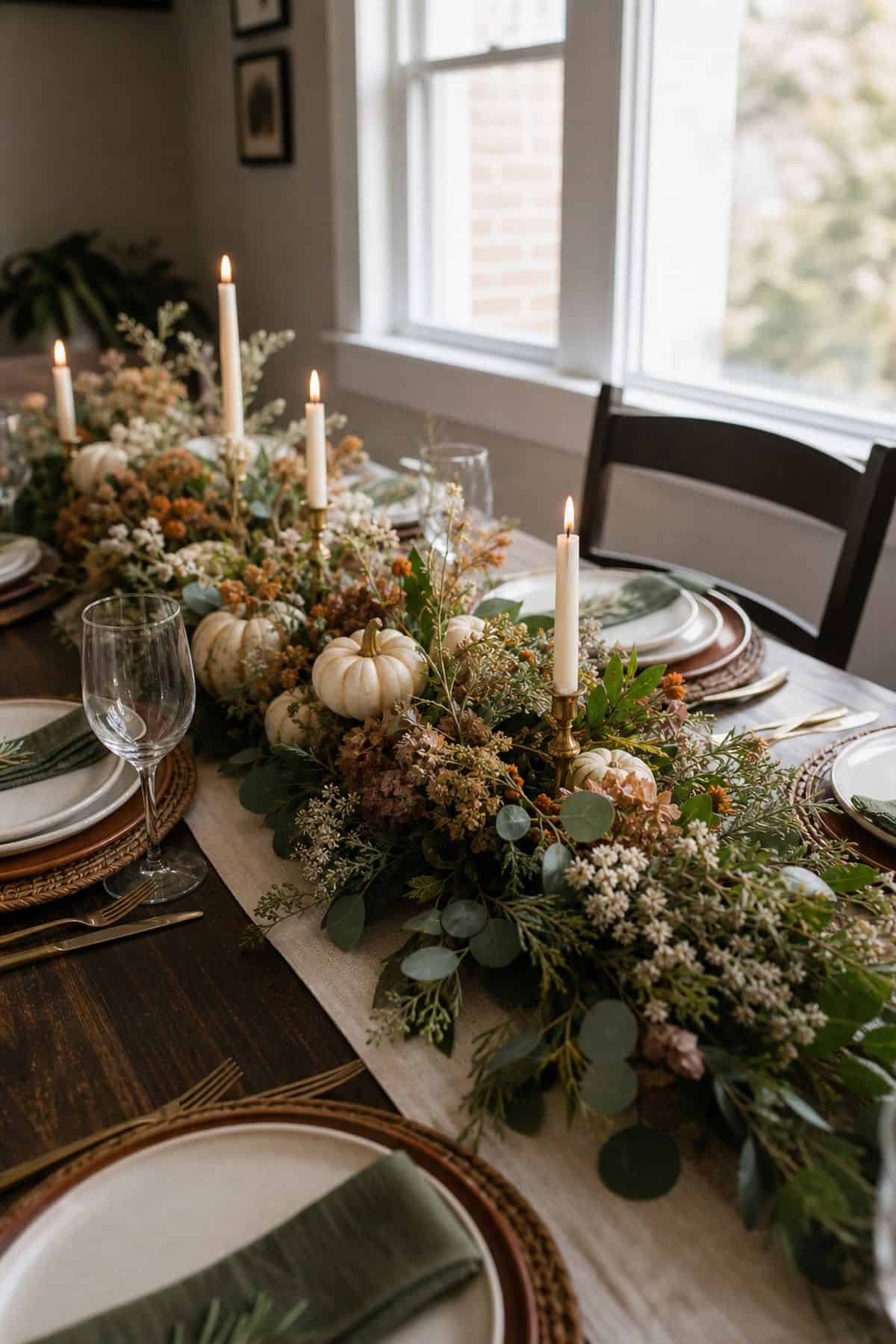 Thanksgiving table decor idea with create a long low floral centerpiece
